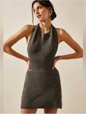 Free People Ribbed Halter Mini Dress in Charcoal Gray